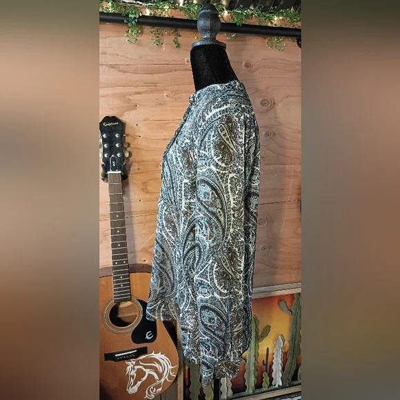 MICHAEL Michael Kors Paisley Button-Front Blouse - Blue/Earth Tones - Size M - Picture 2 of 10